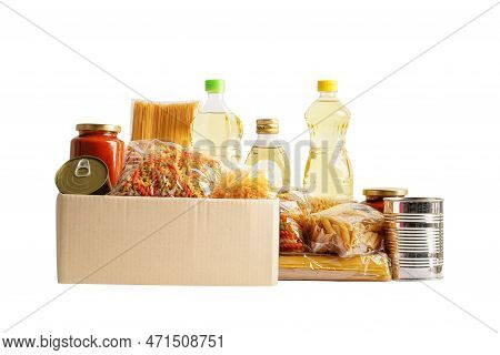 Foodstuffs In Donation Box Isolated On White Background With Clipping Path For Volunteer To Help Peo