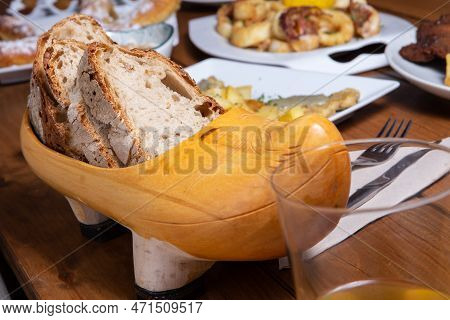 Asturian Bread On The Restaurant Table.
