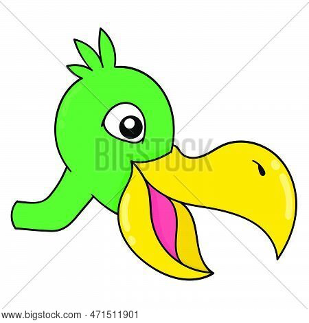 The Head Of A Large Beaked Pelican Is Laughing Happily, Vector Illustration Carton Emoticon. Doodle 