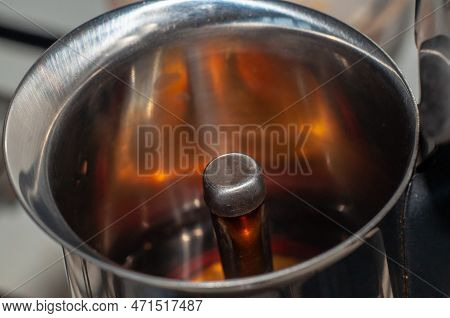 Geyser Coffee Maker Close-up The Process Of Brewing Coffee. Selective Focus