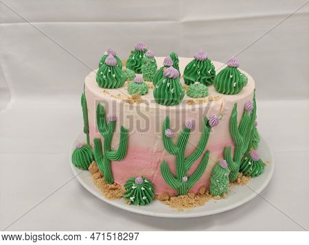 Cake Decorated With Cactus On A White Background In A Restaurant, Cactus Theam Cake