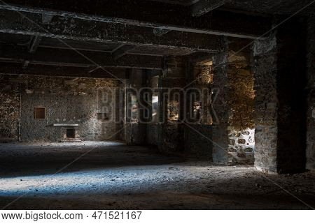 Empty Abandoned Creepy Deserted Room With Bright Sun Lights Entering The Windows