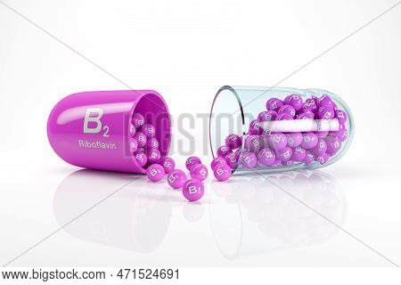 3d Rendering Of A Vitamin Capsule With Vitamin B2 - Riboflavin On White Reflecting Floor. - Dietary 