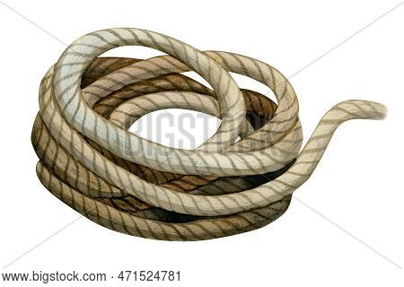 Watercolor Coil Of Rope, Nautical Cable Roll Over Realistic Illustration Isolated On White Backgroun