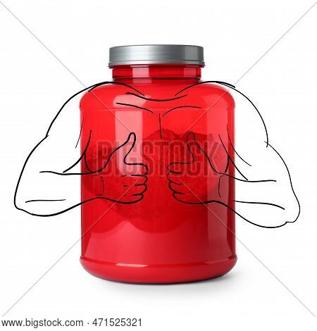 Red Jar Of Protein Powder With Illustration Of Bodybuilder Showing Thumbs Up Gesture On White Backgr
