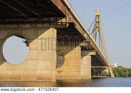 Modern Road Cable-stayed Bridge Over The Wide River With One Pylon And Steel Cables, Bottom View Fro