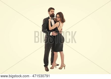Official Dress Code. Woman Elegant Lady And Bearded Gentleman Black Tuxedo With Bow Tie. Formal Even
