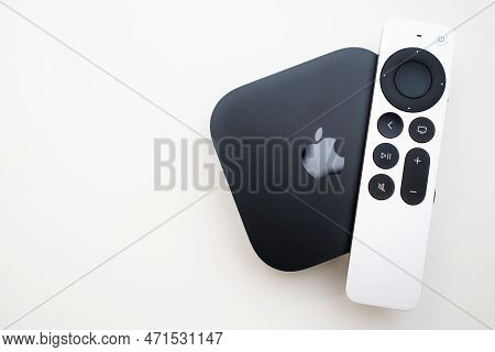 Apple Tv 4k And Remote Controller On The White Background, February 2023, Prague, Czech Republic