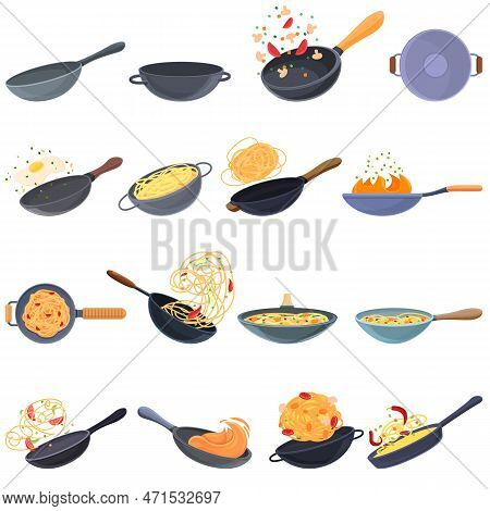 Wok Frying Pan Icons Set. Cartoon Set Of Wok Frying Pan Icons For Web Design
