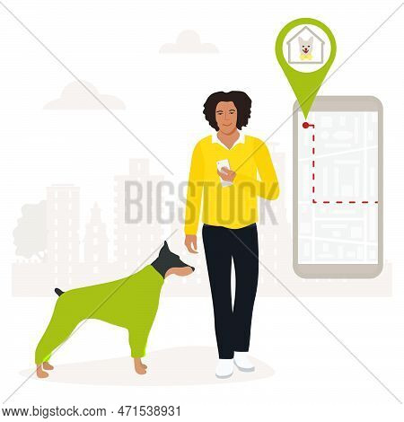Vector Illustration Man Uses Application On Cell Phone For Search The Dog Shelter, Pet Hotel, Hotel 