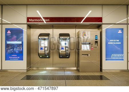 Ticket Vending Mashine In The Copenhagen Metro At The Station Marmorkirken, February 18, 2023