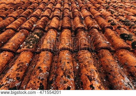 Old Rustic Terracotta Roof Tiles Pattern As Background, Architectural Detail From Lovran, Croatia