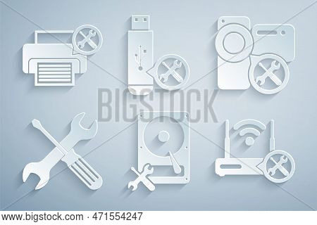 Set Hard Disk Drive Service, Video Camera, Crossed Screwdriver And Wrench, Router Wi-fi With, Usb Fl