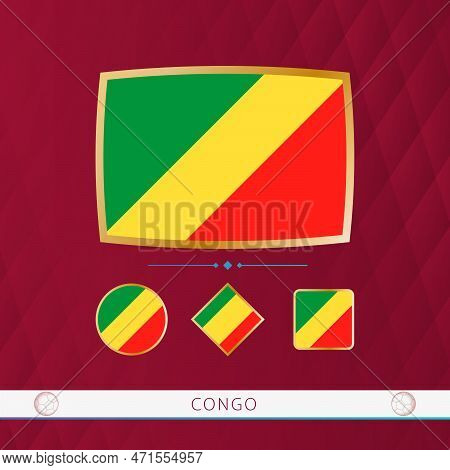 Set Of Congo Flags With Gold Frame For Use At Sporting Events On A Burgundy Abstract Background. Vec