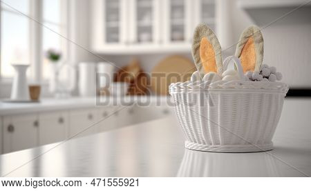 Easter Eggs And A White Basket With Rabbit Ears