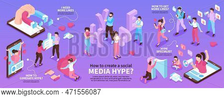 Isometric Hype Social Media Infographic Set With I Need More Likes How To Generate Hype How To Get M
