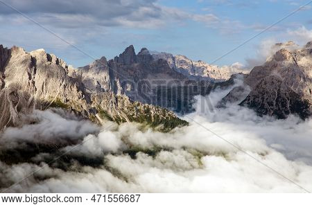 Panoramic View Of The Sexten Dolomites Mountains Or Dolomiti Di Sesto From Carnian Alps Mountains, T