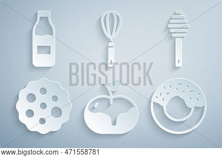 Set Apple In Caramel, Honey Dipper Stick, Cookie Or Biscuit, Donut, Kitchen Whisk And Bottle With Mi