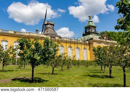 New Chambers (neue Kammern) Palace And Windmill (windmuhle) In  Sanssouci Park, Potsdam, Germany