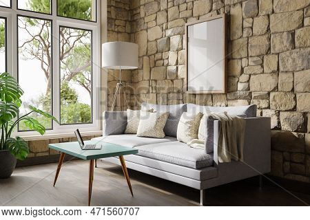 Cozy Living Room Interior In Room Corner; Sunlight Shining Trough Window; Floorlamp And Couch Table 