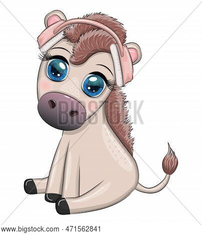 Donkey In Headphones Listens To Music. I Love Music, Cute Character