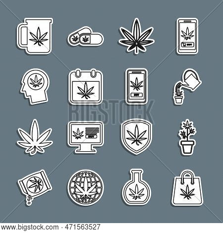Set Line Shopping Bag Of Marijuana, Marijuana Plant Pot, Watering Can, Or Cannabis Leaf, Calendar An