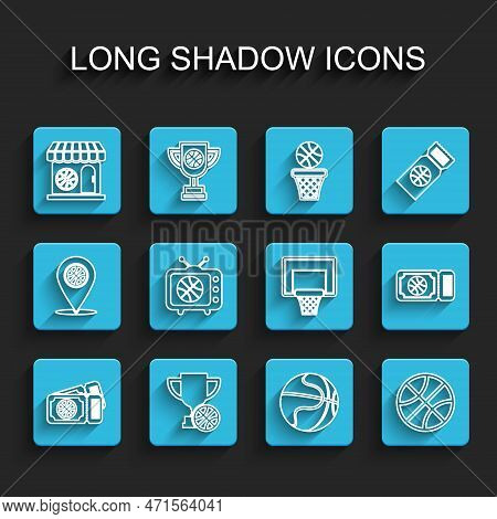 Set Line Basketball Game Ticket, Award Cup With Basketball, Sports Shop And, Match On Tv, And Backbo
