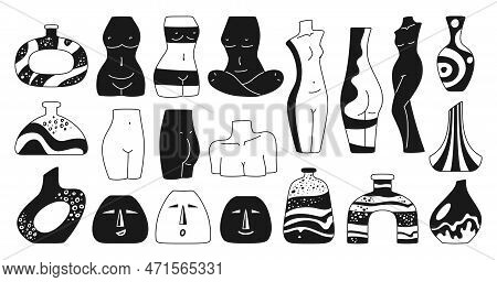 Vase Female Shape Modern Set. Woman Body Form Sculpture Black And White Vases. Boho Elegant Engravin