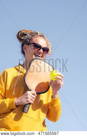 Portrait Woman Player Pickleball Game, Pickleball Yellow Ball With Paddle, Outdoor Sport Leisure Act