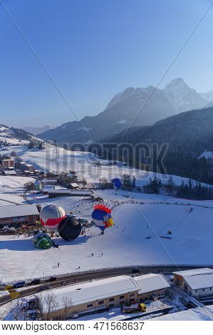 Overview Of Cheateau D'oex Hot Air Balloon Festival In Winter. Taken At 42nd International Balloon F