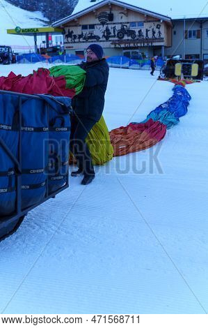 Unpacking A Deflated Balloon. Taken At 42nd International Balloon Festival In Chateau D'oex In Janua