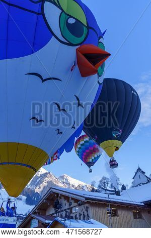 A Row Of Balloons. Taken At 42nd International Balloon Festival In Chateau D'oex In January 2023.