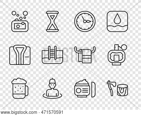 Set Line Wooden Beer Mug, Axe In Stump, Sauna Clock, Man The Sauna, Bar Of Soap, Swimming Pool With 
