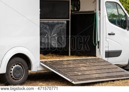 Horse Box Cargo Trailer Transport With Open Tailgate With Hay And Manure And Horse Transportation Va