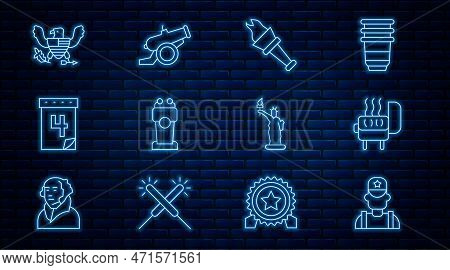 Set Line Sheriff Cowboy, Barbecue Grill, Torch Flame, Stage Stand Tribune, Calendar With Date July 4