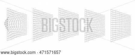 Process Of Grid Distortion. Set Of Mesh Warped Textures. Net With Convex Effect. Geometric Deformati