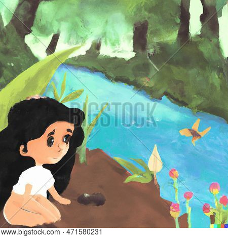A Brunette Girl Playing Near The River