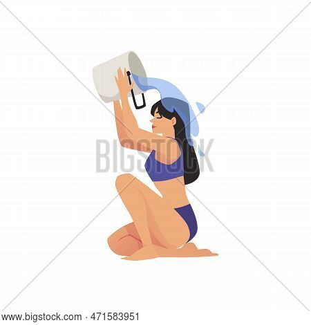 Woman Douses Herself With Water From Bucket Flat Vector Illustration Isolated.