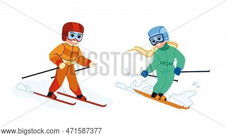 Kid Skiing Vector. Child Winter, Cold Snow, Mountain Helmet, Outdoor Sport, Ski Family, Fun Girl, Va