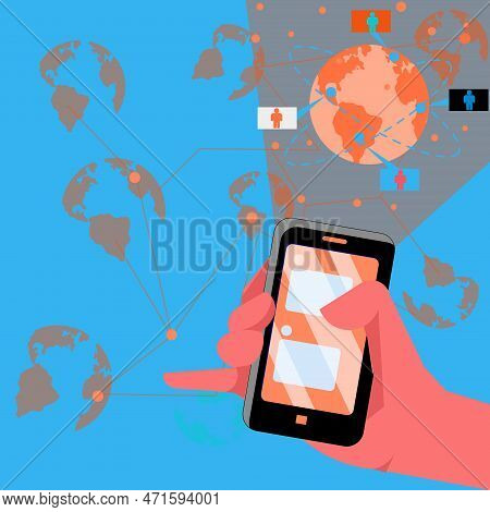 Hand Holding Mobile Phone With Messages On The Screen. Brihgt Vector Illustration With Many Planets.