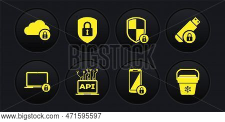 Set Laptop And Lock, Usb Flash Drive With, Computer Api Interface, Smartphone, Shield Security And I