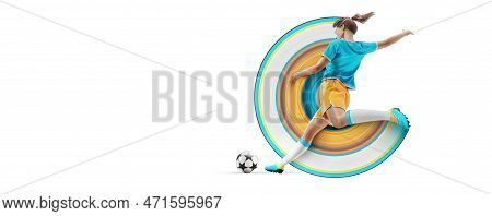Ralistic Silhouette Of Football Soccer Player Woman In Action Isolated White Background.