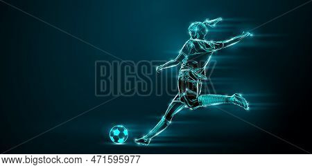 Abstract Silhouette Of Football Soccer Player Woman In Action Isolated Black Background.