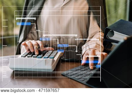 Project Manager Working And Update Tasks With Milestones Progress Planning And Gantt Chart Schedulin