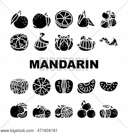 Mandarin Citrus Fruit Icons Set Vector. Orange Food, Tropical Tangerine, Fresh Leaf, Vegetarian Heal