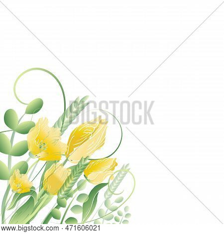 Spring Delicate Tulips And Grass Decor. For Greetings, Frames, Invitations, Backgrounds, Web, For Ed
