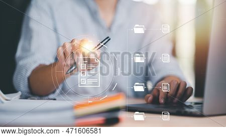 Businessman Audit Documents, Quality Assessment Management With A Checklist, Business Document Evalu