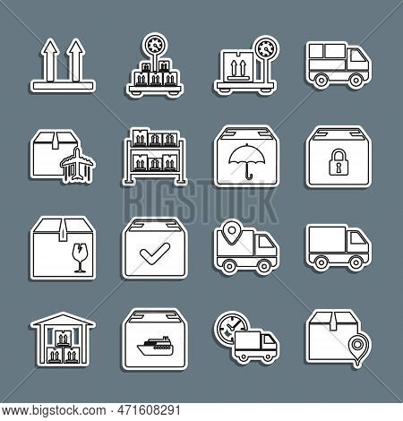 Set Line Location With Cardboard Box, Delivery Cargo Truck Vehicle, Locked Package, Scale, Warehouse
