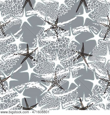 Seamless Marine Pattern In Grey. Sea Horse And Shells In Monochrome. Ocean And Underwater Life Seaml