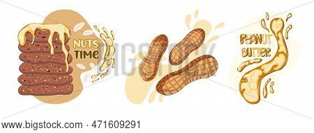 Set Of Peanut Butter Elements. Peanuts, Splash And Pancakes Drizzled With Maple Syrup